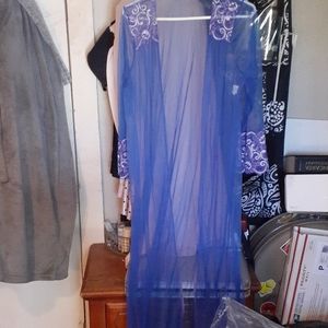 Sheer long blue robe with purple lace detailing